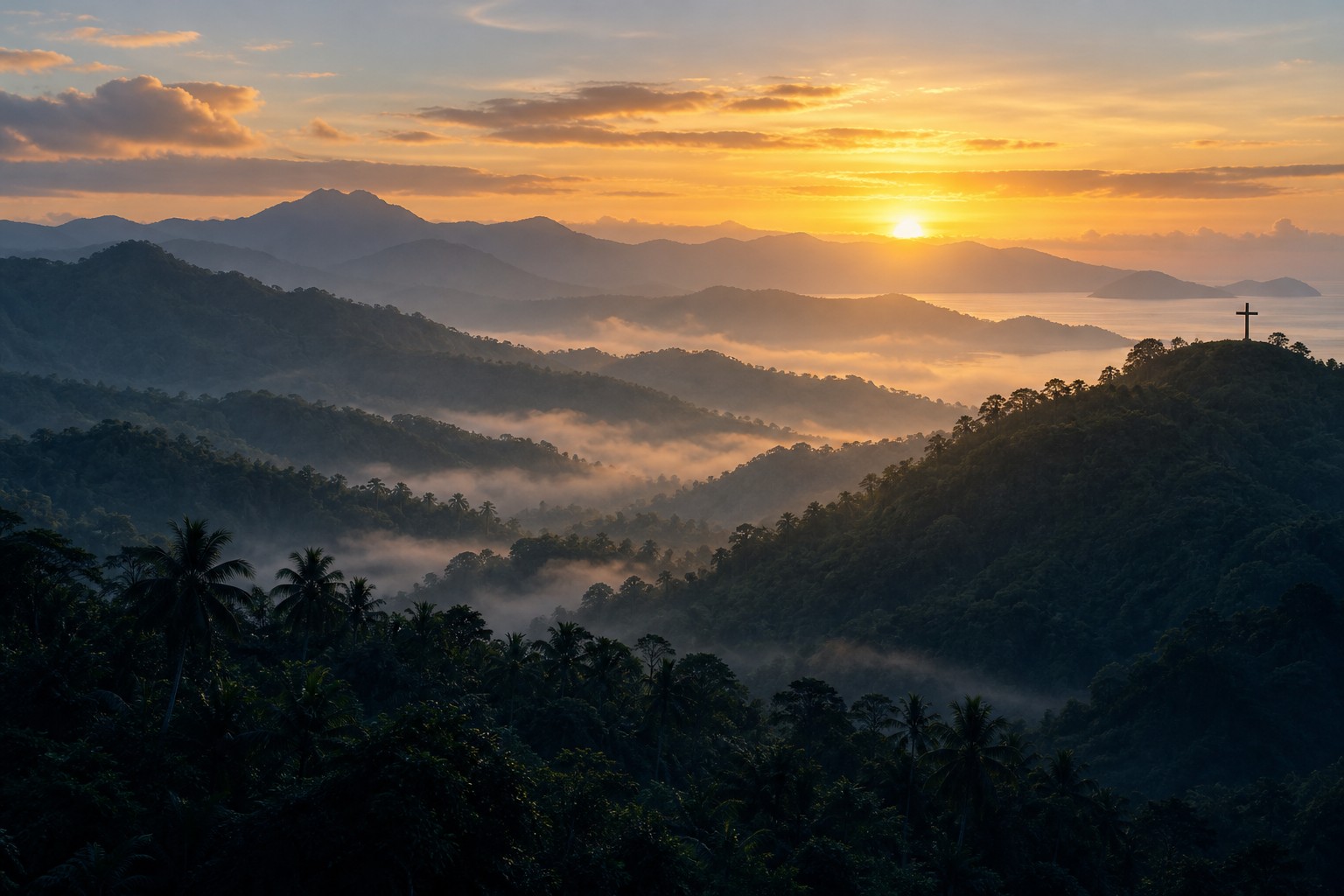 Sunrise over a mountain valley, with a cross on a distant ridge